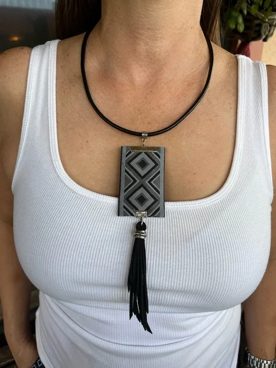 Modern Black Geometric Pendant Necklace with Tassel - Picture 1 of 2